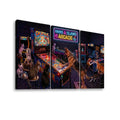 A three-panel canvas wall art print depicting cats and dogs playing arcade games in a neon-lit retro arcade, shown against a plain white background.