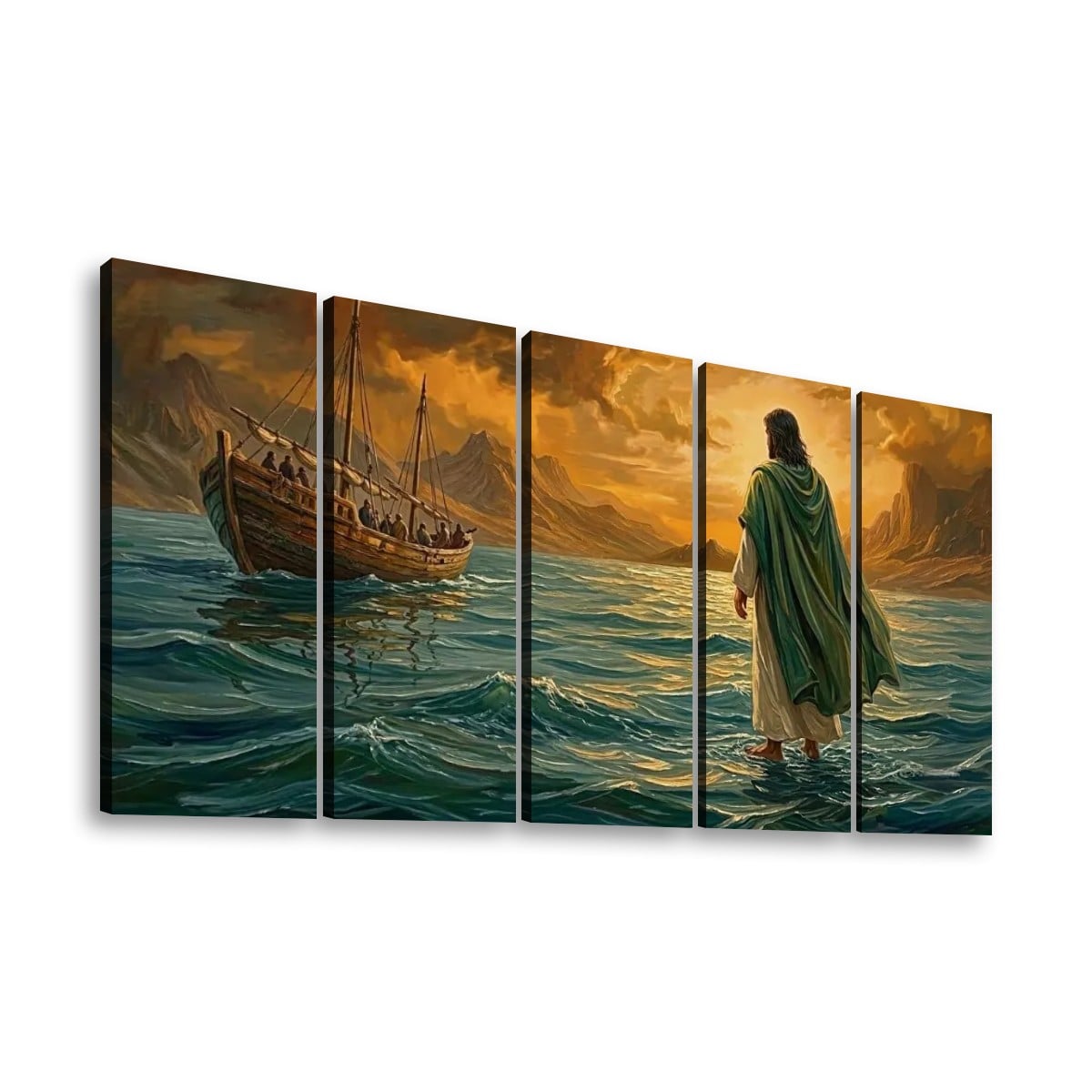 Jesus Walking on Water Stormy Seas Canvas Wall Art | 5-Panel Level & Diamond | 3 & 1 Panel