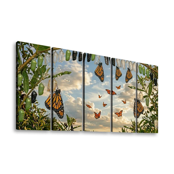 A five-panel canvas wall art print depicting monarch butterflies and their egg casings hanging from plant branches against a cloudy sky.