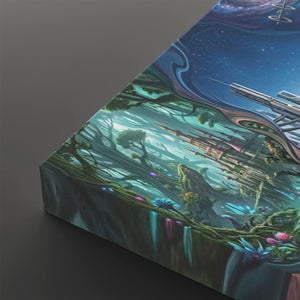 A rectangular canvas or print showing a fantasy sci-fi landscape with glowing teal trees, futuristic structures, and a starry blue sky, photographed at an angle on a dark gray background.