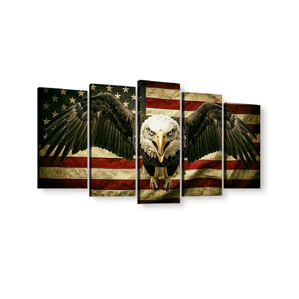 Five-panel canvas wall art featuring a bald eagle with spread wings over a distressed American flag background, shown against a plain white wall.
