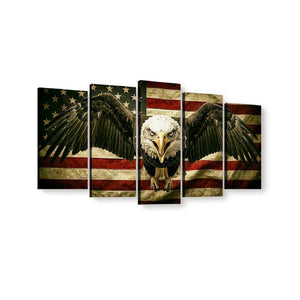 Five-panel canvas wall art featuring a bald eagle with spread wings over a distressed American flag background, shown against a plain white wall.