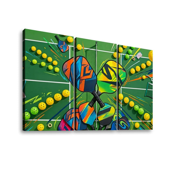 A three-panel canvas wall art print depicting a vibrant, colorful abstract scene of pickleball players on a green court with yellow and green balls, shown against a plain white background.