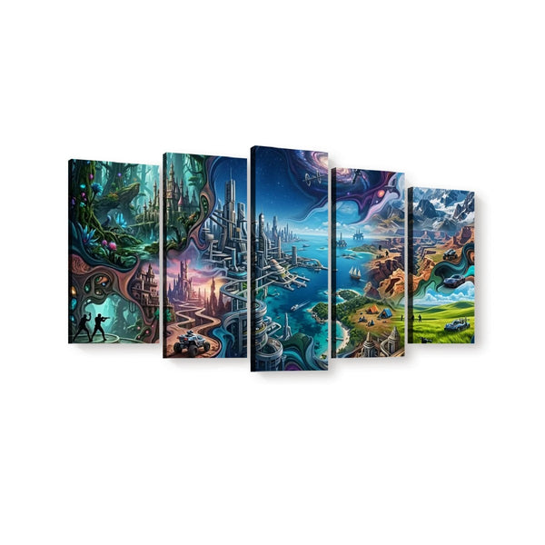 A 5-panel canvas wall art set displaying a vibrant, colorful fantasy landscape with futuristic cityscapes, winding roads, waterways, and lush green fields under a starry sky.