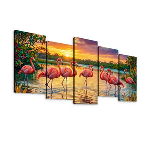 A five-panel canvas wall art set depicting a tropical flamingo scene at sunset over calm water, shown against a plain white background.