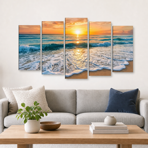 Golden Tide Sunset Beach Surf Canvas Wall Art – Ocean Waves at Dusk | 1, 3 & 5 Panel Coastal Print