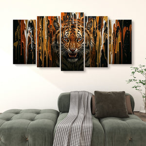 Unleashed – Tiger Bursting Through Dripping Paint 5-Panel Canvas Wall Art