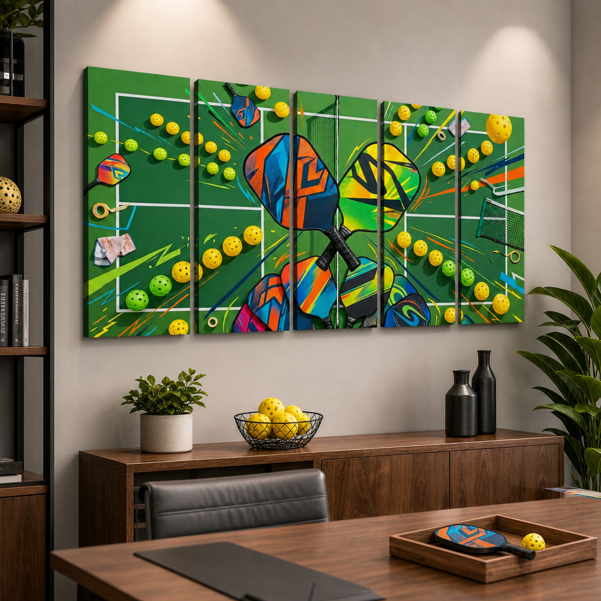 A large multi-panel wall art piece depicting a colorful abstract pickleball scene with paddles, balls, and net lines, displayed above a wooden console in a modern interior setting.