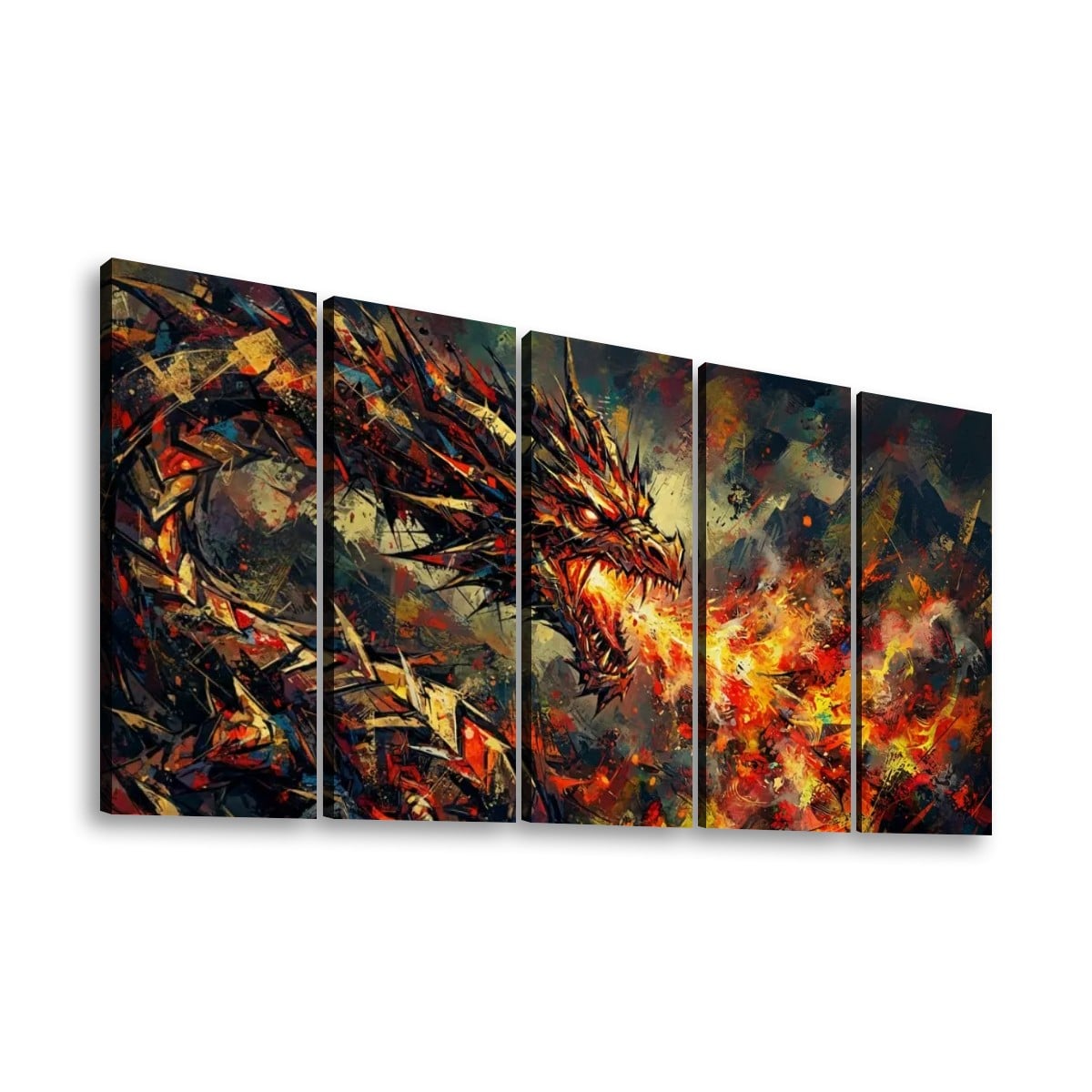 A five-panel canvas wall art set depicting a dramatic fantasy dragon in dark metallic tones with fiery orange, red, and yellow flames around it, shown against a plain white background.