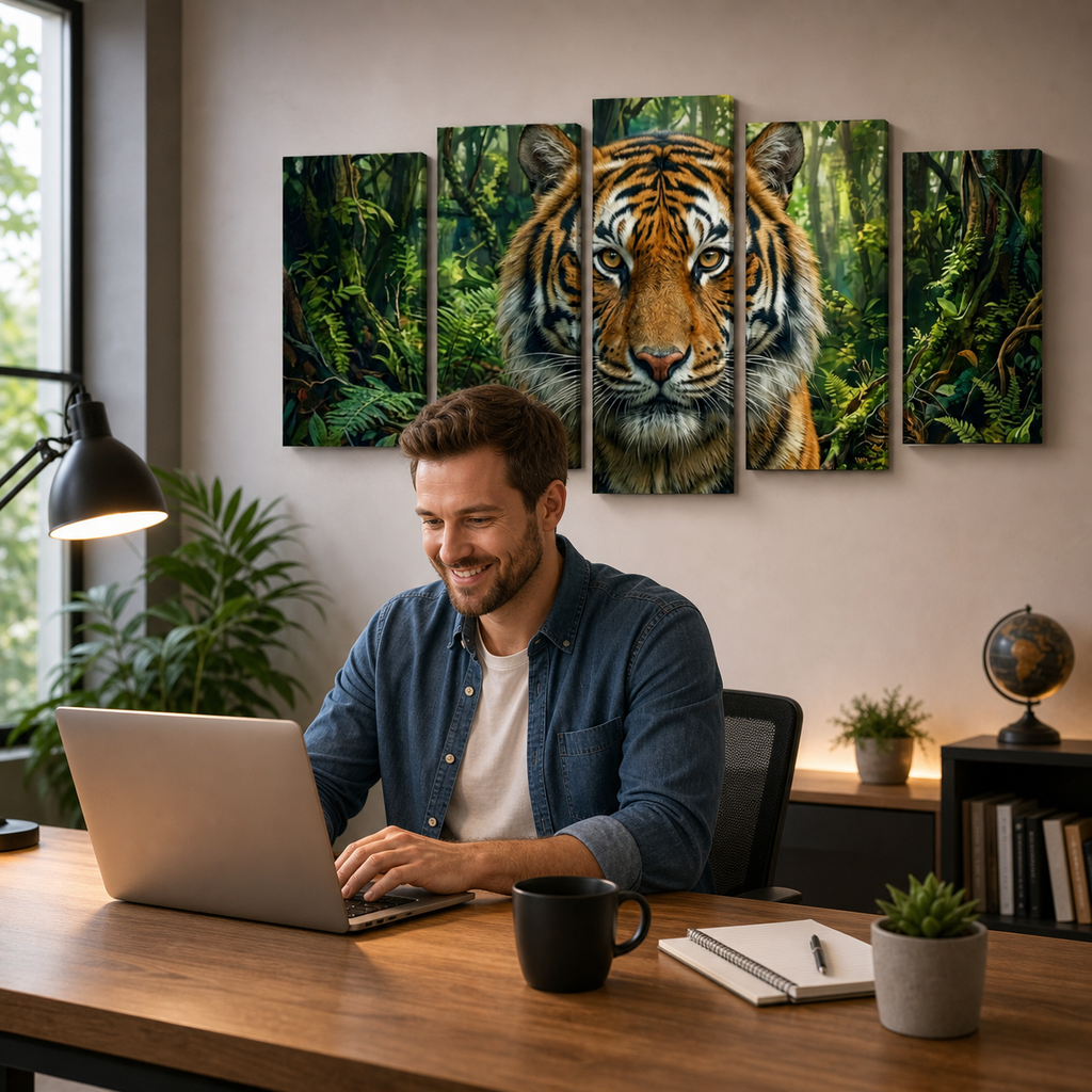 A man sits at a wooden desk using a laptop in a home office setting, with a five-panel canvas wall art set depicting a tiger in a lush green jungle hanging above his head.