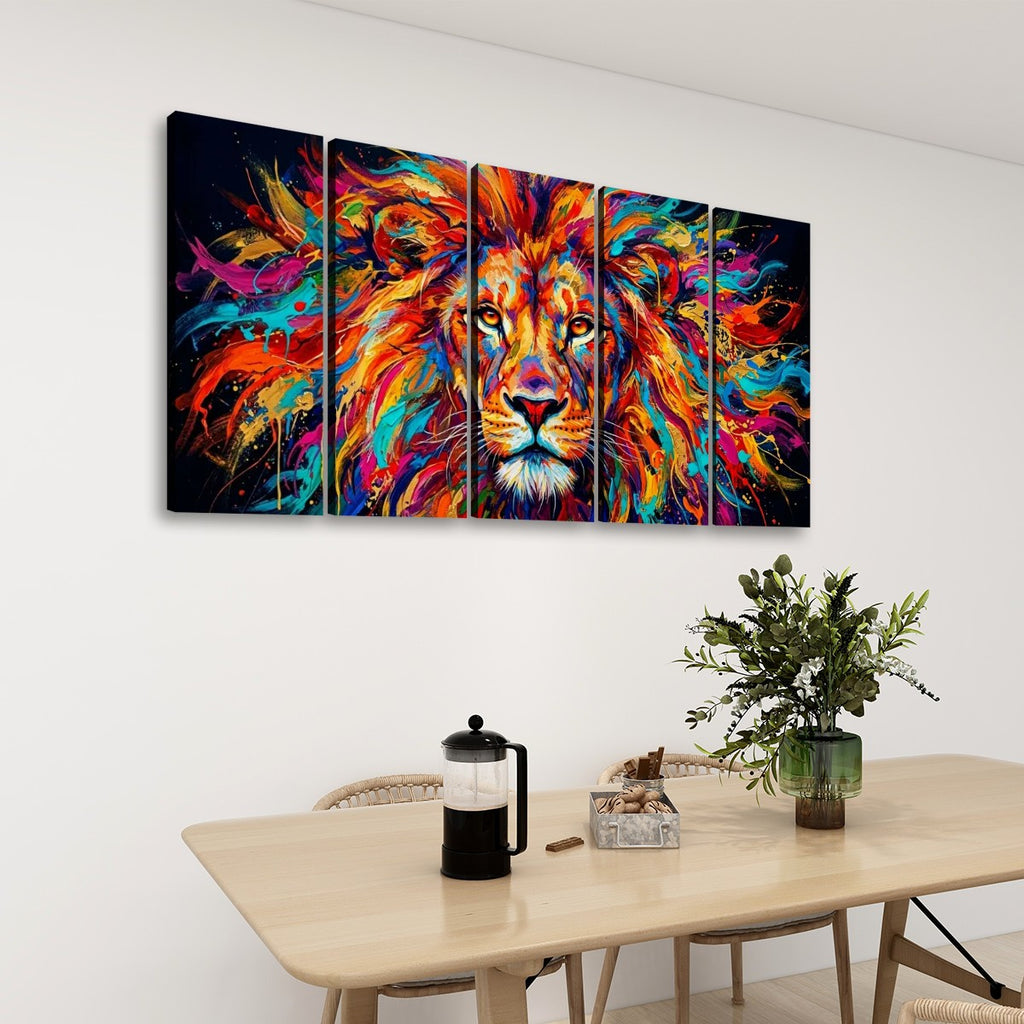 Abstract Colorful Lion Head Mane 1, 3, 5 Split Canvas Panel Wall Art Print