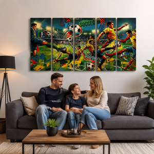 A family of three sits on a gray sofa in a modern living room, looking at a large five-panel canvas wall art print depicting an energetic soccer match with players in yellow and red jerseys.