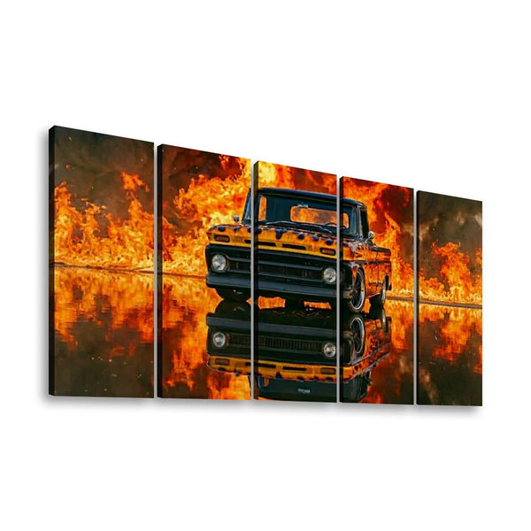 Flaming 1966 Chevy C10 Canvas Wall Art – Fire & Flames Classic Truck | 5-Panel Level Garage Décor Print