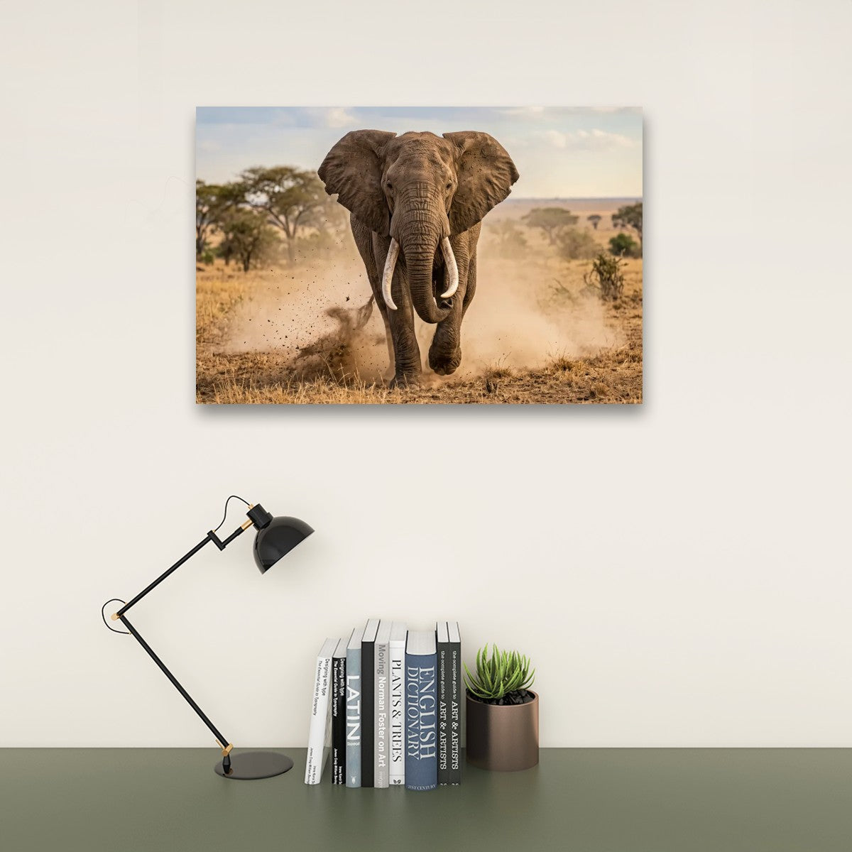 Majestic Elephant Charging Through Savanna 1, 3, 5-Panel Split Canvas Wall Art