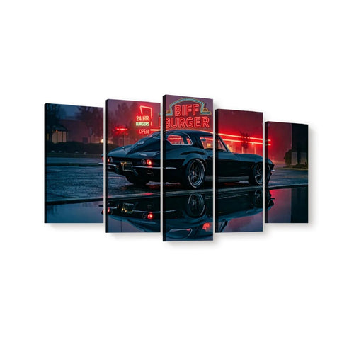 A 5-panel canvas wall art set depicting a black classic 1963 Split Window Chevy Corvette parked at a diner under red neon lights, with reflections on wet pavement, shown against a plain white background.