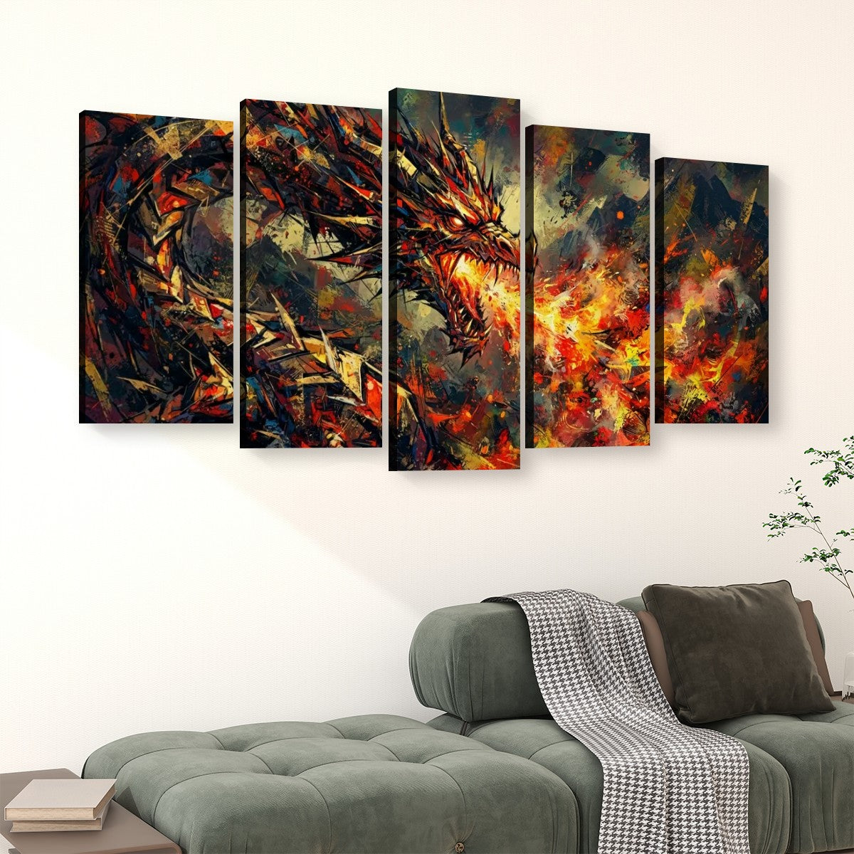 A five-panel canvas wall art set depicting a dramatic fiery dragon in abstract brushstrokes, displayed above a green sofa in a modern living room setting.