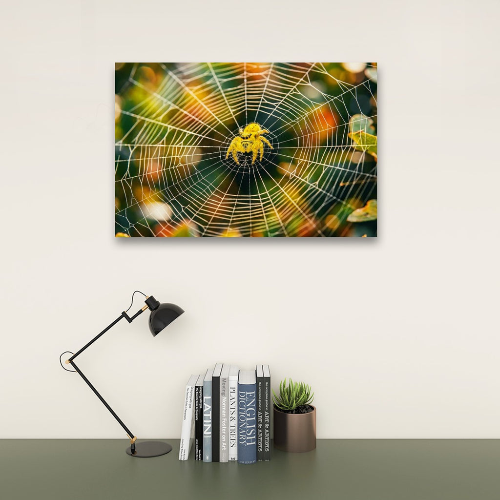 A rectangular wall art print showing a close-up spiderweb with a bright yellow spider at the center, displayed above a desk with a black lamp, books, and a small succulent against an off-white wall.