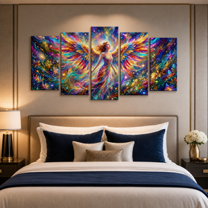 A five-panel canvas wall art set depicting a colorful cosmic angel with glowing wings, displayed above a neatly made bed in a modern bedroom.