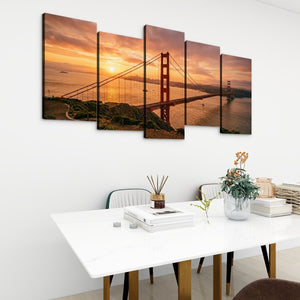 Golden Gate at Golden Hour – 5-Panel Canvas Wall Art
