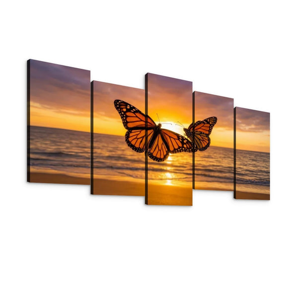 Five-panel canvas wall art showing a monarch butterfly silhouetted against a golden sunset over the ocean, displayed on a white background.