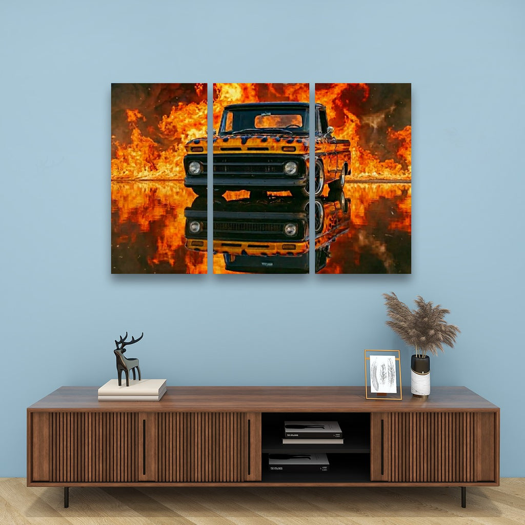 Flaming 1966 Chevy C10 Canvas Wall Art – Fire & Flames Classic Truck | 5-Panel Level Garage Décor Print
