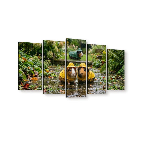 3 Guinea Pigs Playing in the Rain | 5-Panel Level Canvas Wall Art | 1, 3, 5 Panel