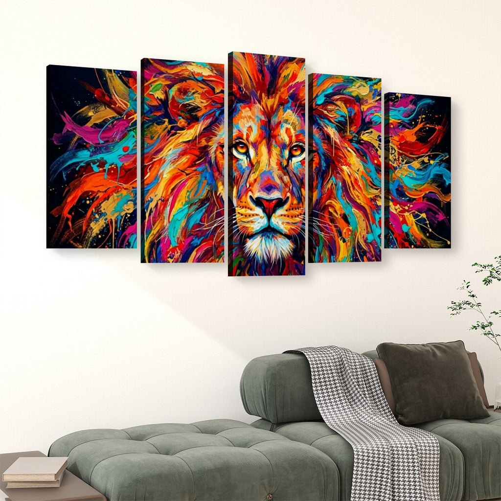 Abstract Colorful Lion Head Mane 1, 3, 5 Split Canvas Panel Wall Art Print