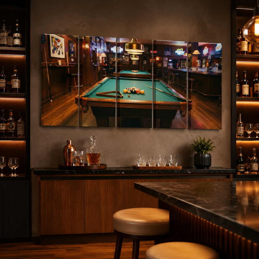 A 5-panel canvas wall art set depicting a cozy, warmly lit pool hall with a green billiards table, displayed on a dark gray wall above a bar counter in a modern bar setting.