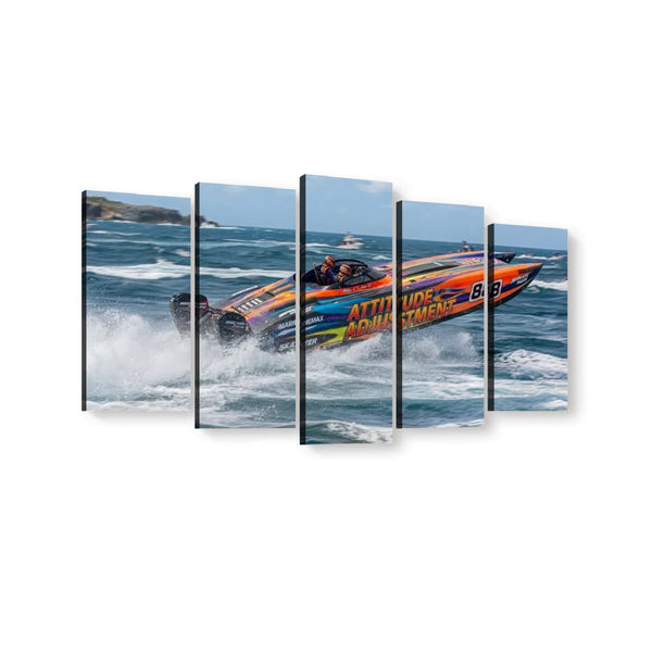 Twin-Engine Racing Boat Canvas Wall Art – Attitude Adjustment | 5-Panel Level Man Cave & Lake House Print