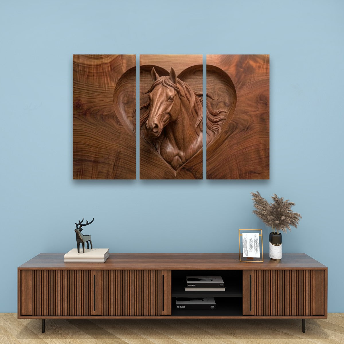 Wood Sculpture Horse Head with Heart 5-Panel Canvas Wall Art