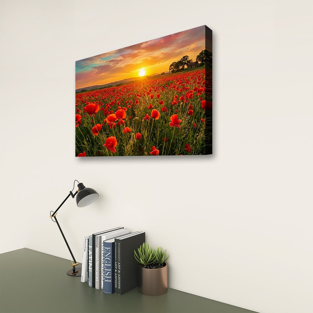 Golden Hour Poppy Field Canvas Wall Art – Fields of Fire | 5-Panel Level Nature Landscape Print