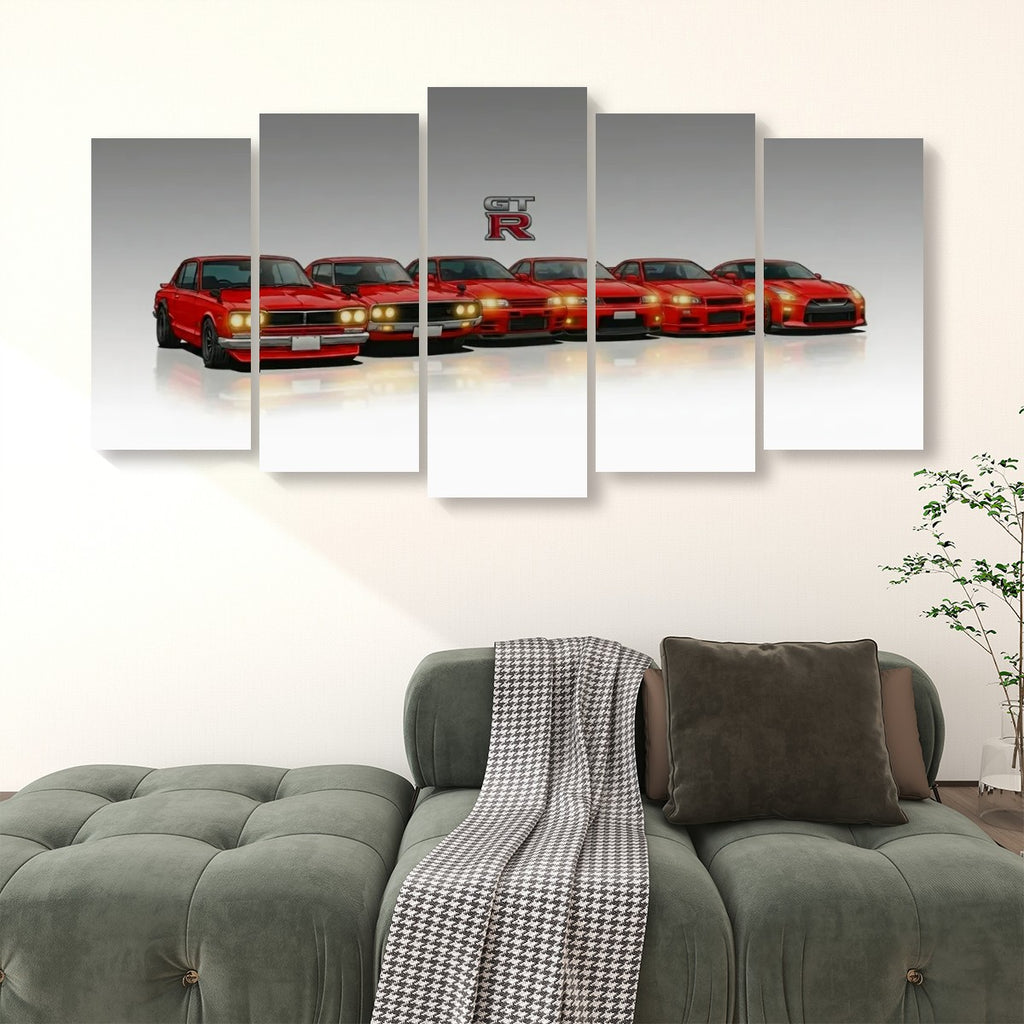 A five-panel canvas wall art set depicting a lineup of red muscle cars with a small 'Racing' logo above them, displayed above a green sofa in a living room setting.
