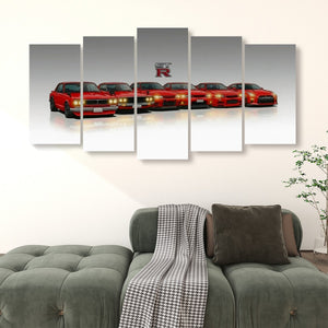 A five-panel canvas wall art set depicting a lineup of red muscle cars with a small 'Racing' logo above them, displayed above a green sofa in a living room setting.