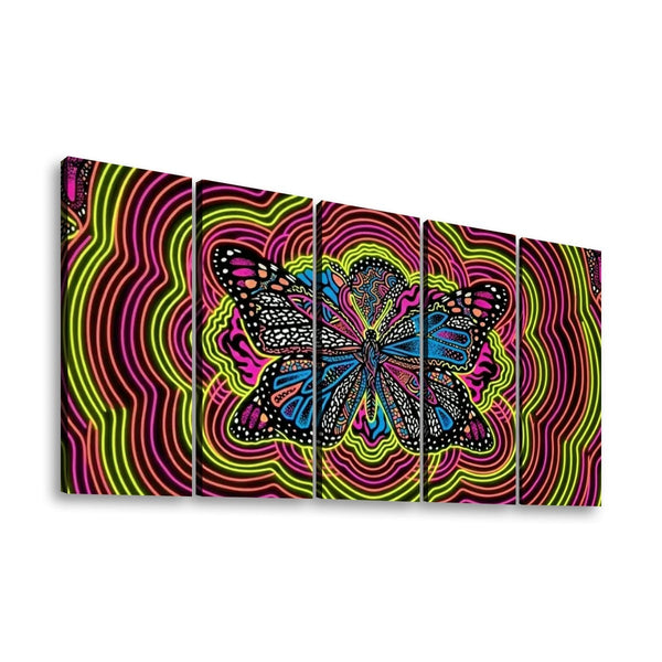 Neon Wings Psychedelic Butterfly Canvas Wall Art – Vibrant Abstract Print | 1, 3 & 5 Panel