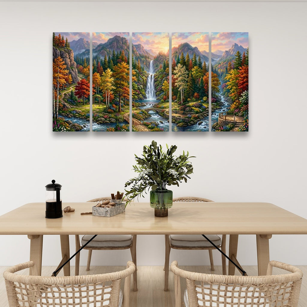 Waterfall Landscape Mountain Multi-Color Scene 5-Panel Canvas Wall Art