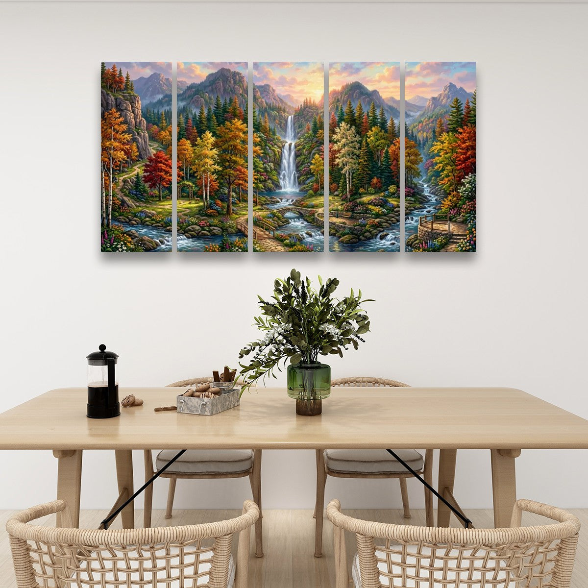 Waterfall Landscape Mountain Multi-Color Scene 5-Panel Canvas Wall Art