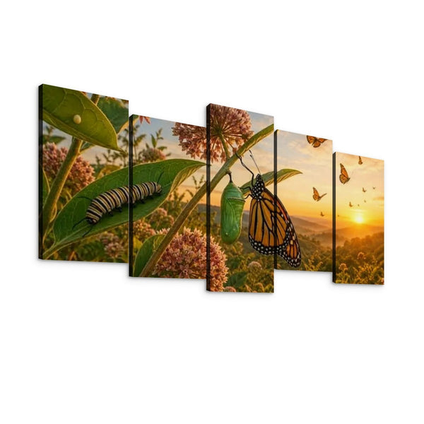 Five-panel canvas wall art showing a monarch butterfly, caterpillar, chrysalis, and butterflies over pink flowers at sunset, displayed against a white background.