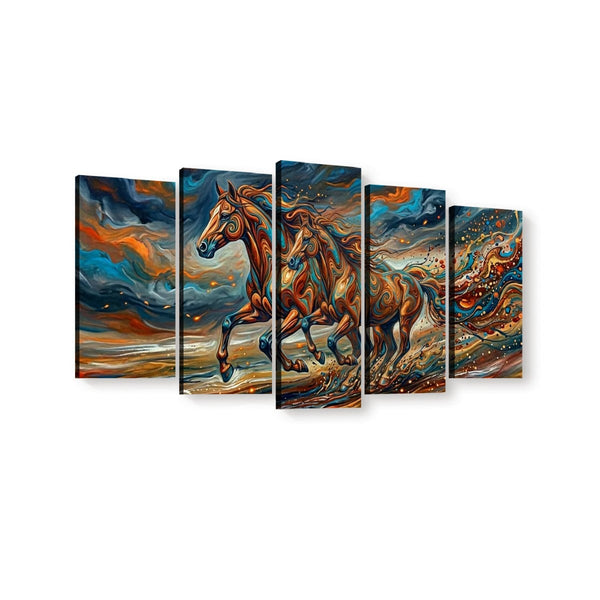 A 5-panel canvas wall art set depicting two galloping horses in a dramatic, painterly scene with swirling blue, orange, brown, and gold tones, shown against a plain white background.
