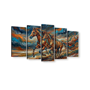 A 5-panel canvas wall art set depicting two galloping horses in a dramatic, painterly scene with swirling blue, orange, brown, and gold tones, shown against a plain white background.