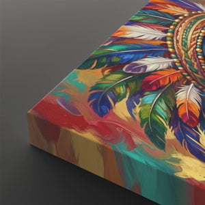 A close-up of a colorful canvas print showing a dreamcatcher design with vibrant feathers in green, blue, orange, red, and white, set against a dark gray background.