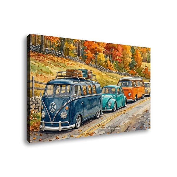VW Beetle & Bus Watercolor Canvas Wall Art – Classic Volkswagen Parade | 5-Panel Level Print