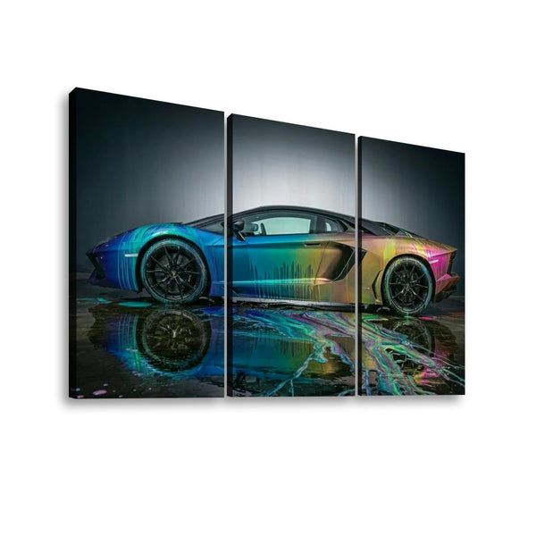 A three-panel canvas wall art print depicting a stylized Lamborghini Aventador sports car in vivid blue, green, yellow, and pink tones with a reflective dark studio background.