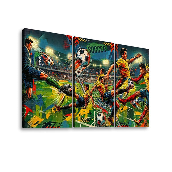 A three-panel canvas wall art set depicting a dynamic soccer scene with players, balls, and stadium lights in vivid, painterly colors on a white background.