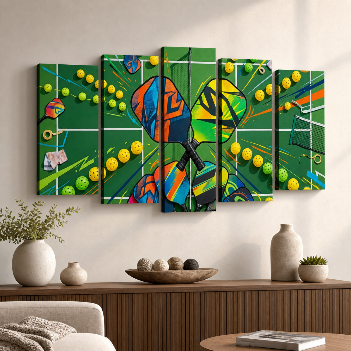 A 5-panel canvas wall art set depicting a colorful, abstract pickleball court scene with yellow tennis balls, mounted on a beige wall above a wooden console table with decorative vases and plants.