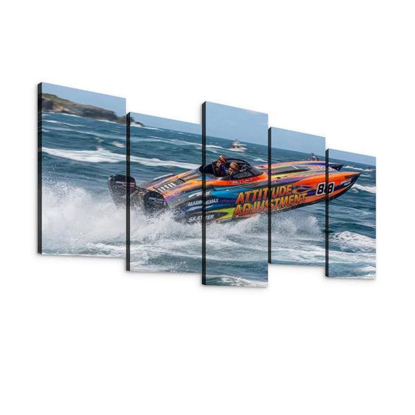 Twin-Engine Racing Boat Canvas Wall Art – Attitude Adjustment | 5-Panel Level Man Cave & Lake House Print