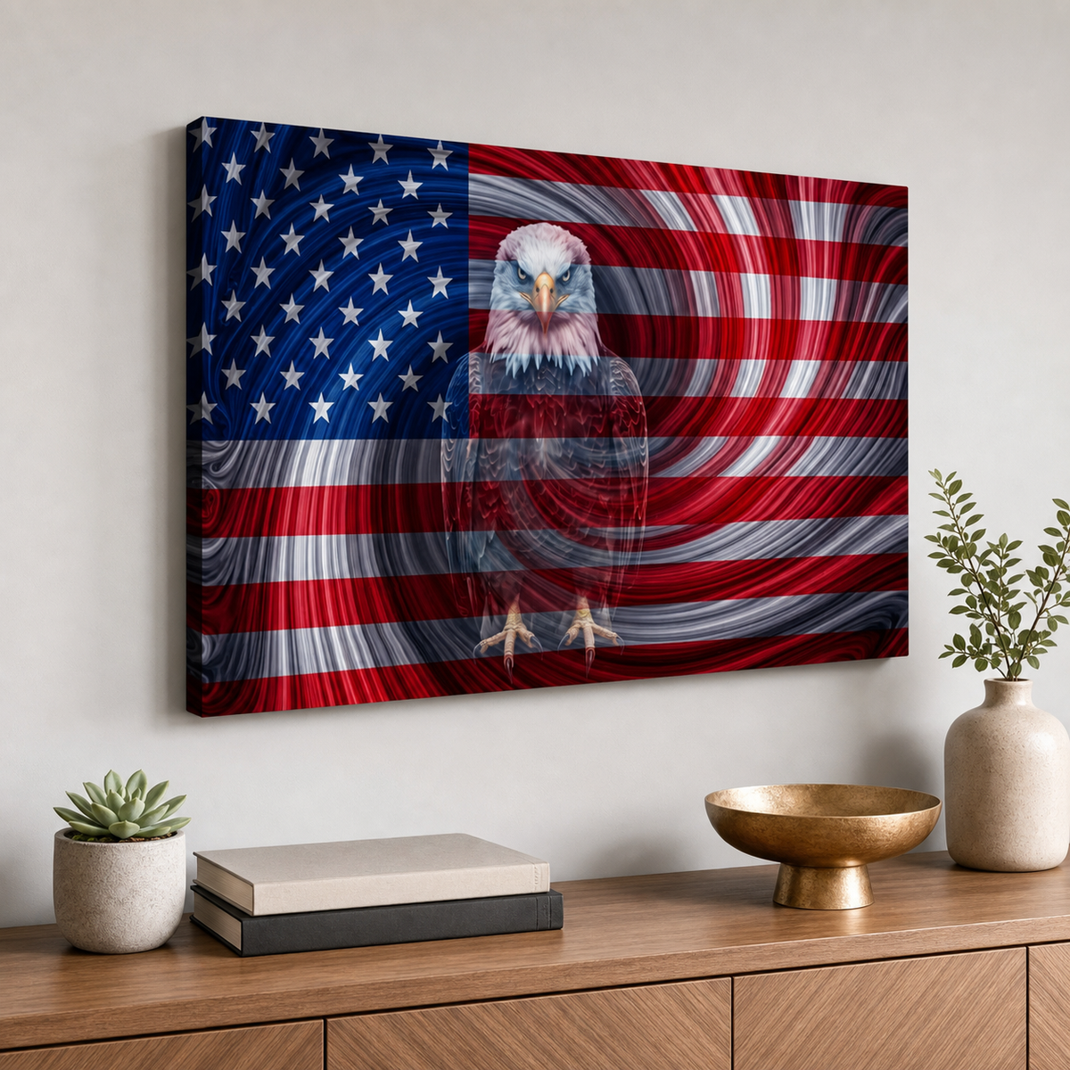 Spirit of America Canvas Wall Art – Ghost Eagle US Flag Swirl | Multi-Panel Patriotic Print