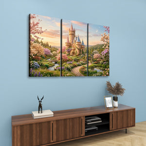A three-panel canvas wall art set depicting a whimsical castle in a colorful garden at sunset, displayed on a light blue wall above a wooden console table with decorative items.