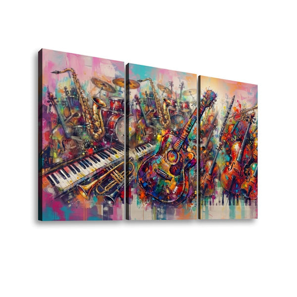 A three-panel canvas wall art set featuring a colorful abstract painting of musical instruments, including saxophones, a keyboard, guitars, and a cello, shown against a plain white background.