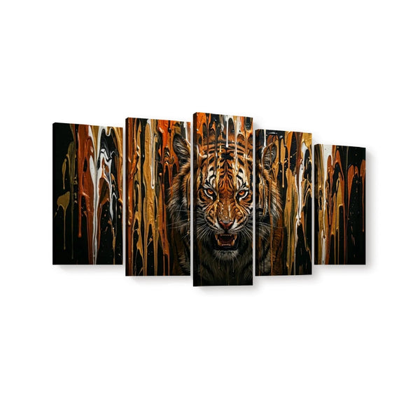 A 5-panel canvas wall art set depicting a tiger's face and body against an abstract dripping paint background in black, orange, and gold tones, shown on a plain white background.