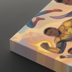 A close-up of a rectangular canvas or print showing a painted superhero scene, with a person in a yellow suit generating a burst of energy and another figure in blue and red above. The artwork is photographed at an angle against a dark gray background.
